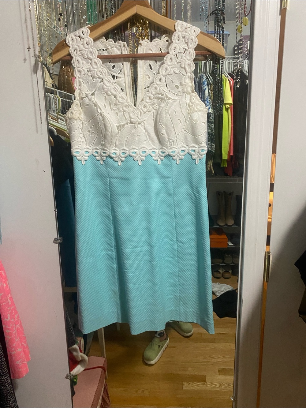 Lilly Pulitzer White Crochet Bodice Aqua Midi Dress